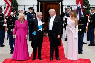 Queen Camilla, King Charles, President Donald Trump and first lady Melania Trump greet each other outside the White House